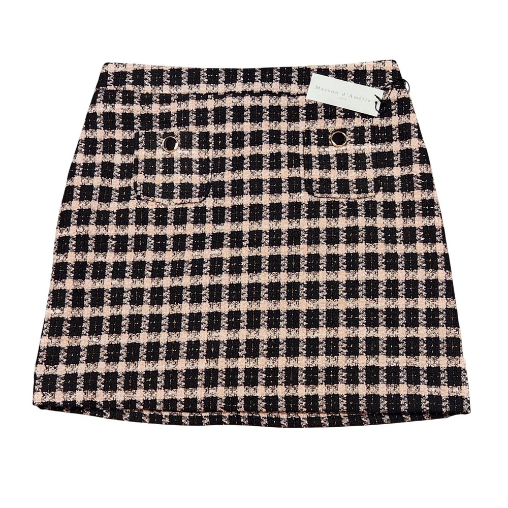Maison d'Amélie Black Pink Tweed Plaid Mini Skirt Gold Button Detail Preppy 10